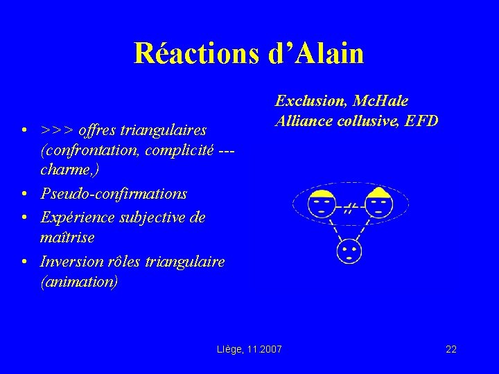 Réactions d’Alain • >>> offres triangulaires (confrontation, complicité --charme, ) • Pseudo-confirmations • Expérience