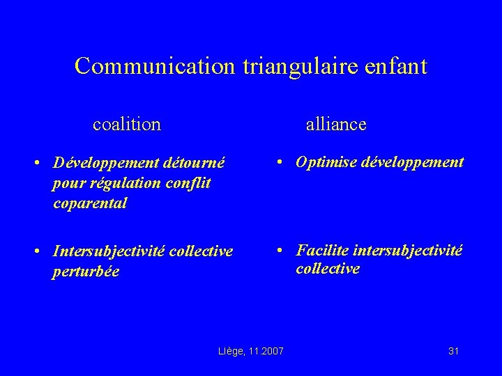 Communication triangulaire enfant coalition alliance • Développement détourné pour régulation conflit coparental • Optimise