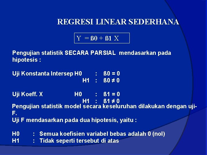 REGRESI LINEAR SEDERHANA Y = ß 0 + ß 1 X Pengujian statistik SECARA