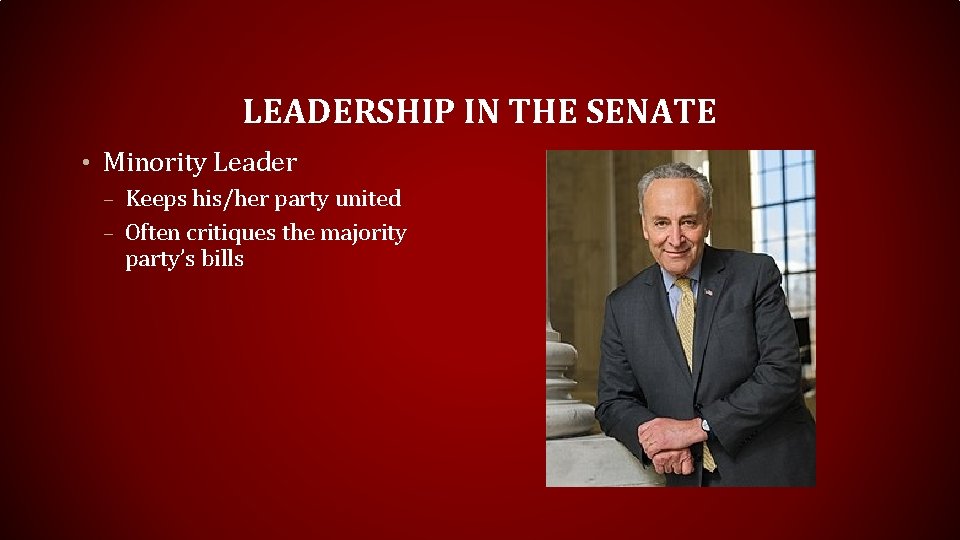 LEADERSHIP IN THE SENATE • Minority Leader – Keeps his/her party united – Often