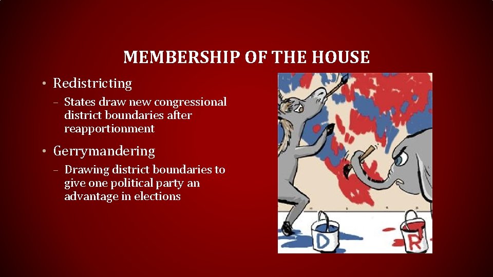 MEMBERSHIP OF THE HOUSE • Redistricting – States draw new congressional district boundaries after