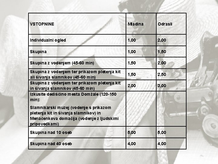 VSTOPNINE Mladina Odrasli Individualni ogled 1, 00 2, 00 Skupina 1, 00 1, 50