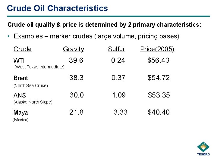 Crude Oil Characteristics Crude oil quality & price is determined by 2 primary characteristics: