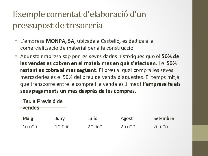 Exemple comentat d'elaboració d'un pressupost de tresoreria • L’empresa MONPA, SA, ubicada a Castelló,