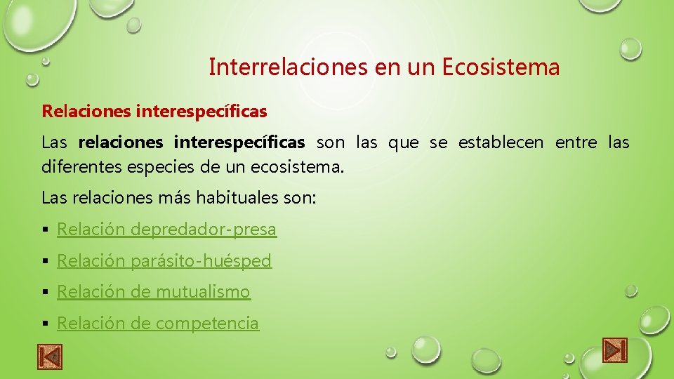 Interrelaciones en un Ecosistema Relaciones interespecíficas Las relaciones interespecíficas son las que se establecen