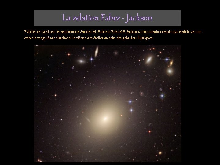 La relation Faber - Jackson Publiée en 1976 par les astronomes Sandra M. Faber