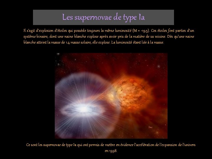 Les supernovae de type Ia Il s’agit d’explosion d’étoiles qui possède toujours la même