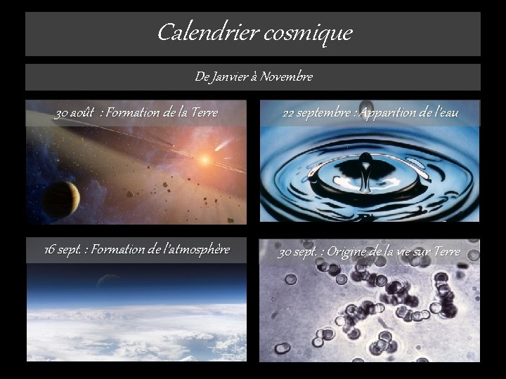 Calendrier cosmique De Janvier à Novembre 30 août : Formation de la Terre 22