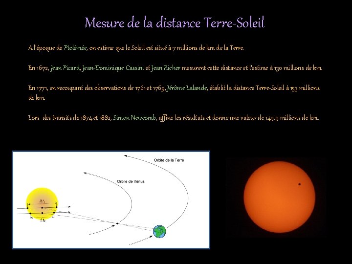 Mesure de la distance Terre-Soleil A l’époque de Ptolémée, on estime que le Soleil