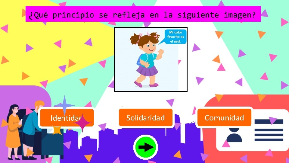 ¿Qué principio se refleja en la siguiente imagen? Identidad Solidaridad Comunidad 