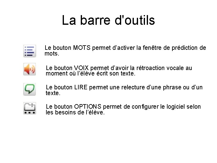 La barre d'outils Le bouton MOTS permet d’activer la fenêtre de prédiction de mots.