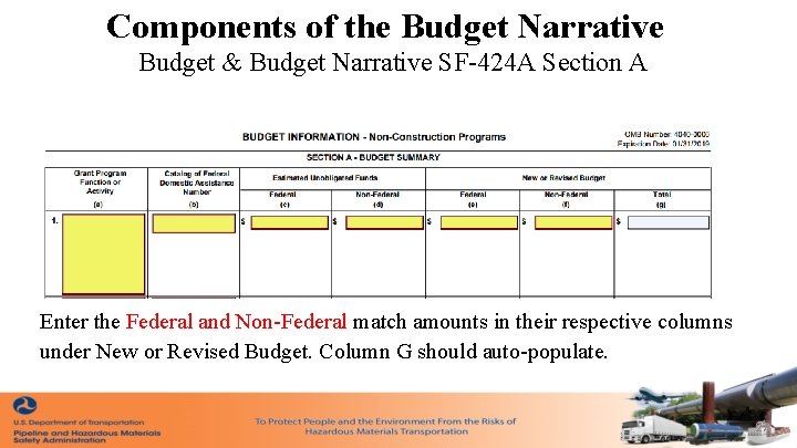 Components of the Budget Narrative Budget & Budget Narrative SF-424 A Section A Enter