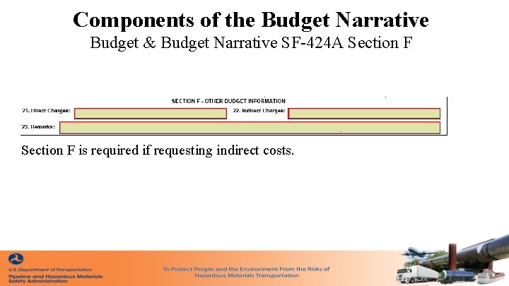 Components of the Budget Narrative Budget & Budget Narrative SF-424 A Section F is