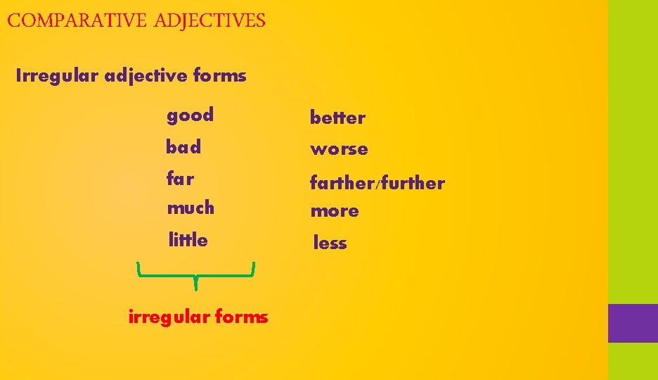 Adjective comparative superlative far. Irregular Comparative adjectives. Bad Irregular adjectives. Comparative and Superlative adjectives Irregular. Comparison of adjectives Irregular.
