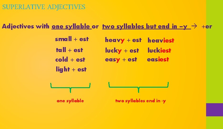 SUPERLATIVE ADJECTIVES Adjectives with one syllable or two syllables but end in –y +er