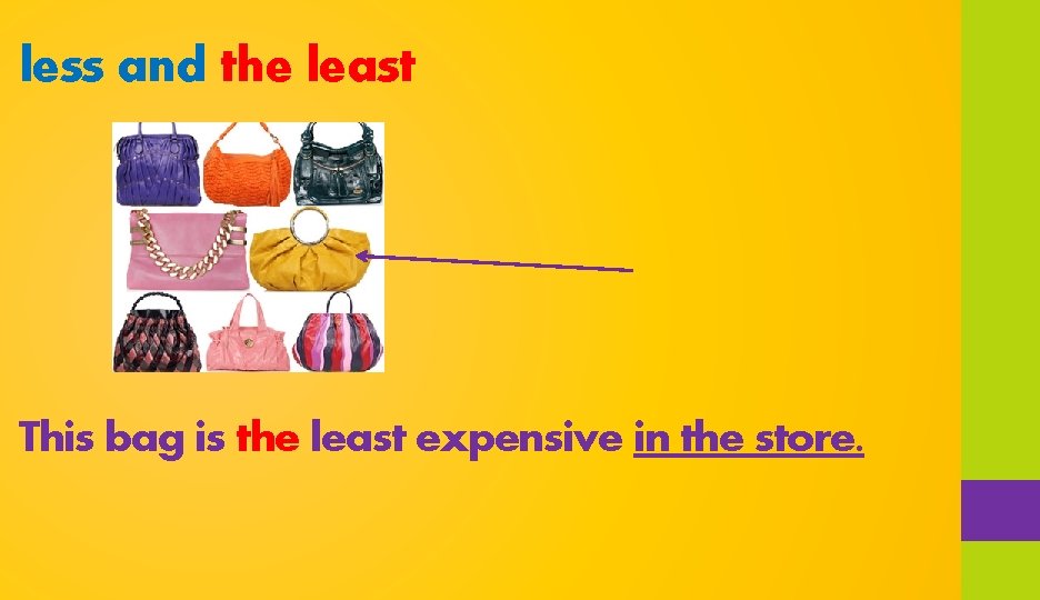 less and the least This bag is the least expensive in the store. 