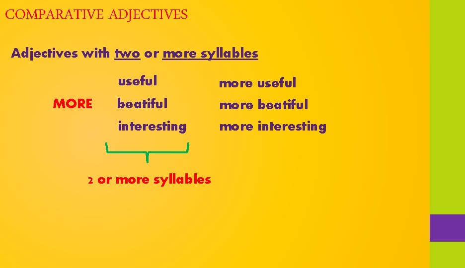 COMPARATIVE ADJECTIVES Adjectives with two or more syllables MORE useful more useful beatiful more