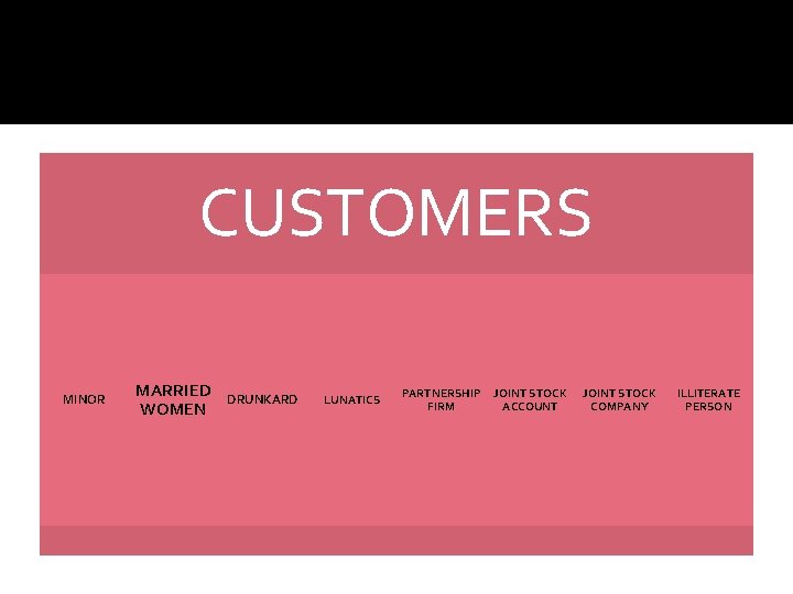 CUSTOMERS MINOR MARRIED WOMEN DRUNKARD LUNATICS PARTNERSHIP FIRM JOINT STOCK ACCOUNT JOINT STOCK COMPANY