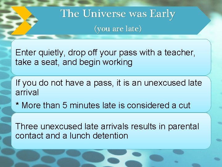The Universe was Early (you are late) Enter quietly, drop off your pass with