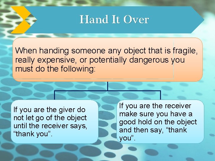 Hand It Over When handing someone any object that is fragile, really expensive, or