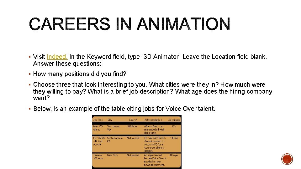 § Visit Indeed. In the Keyword field, type "3 D Animator" Leave the Location