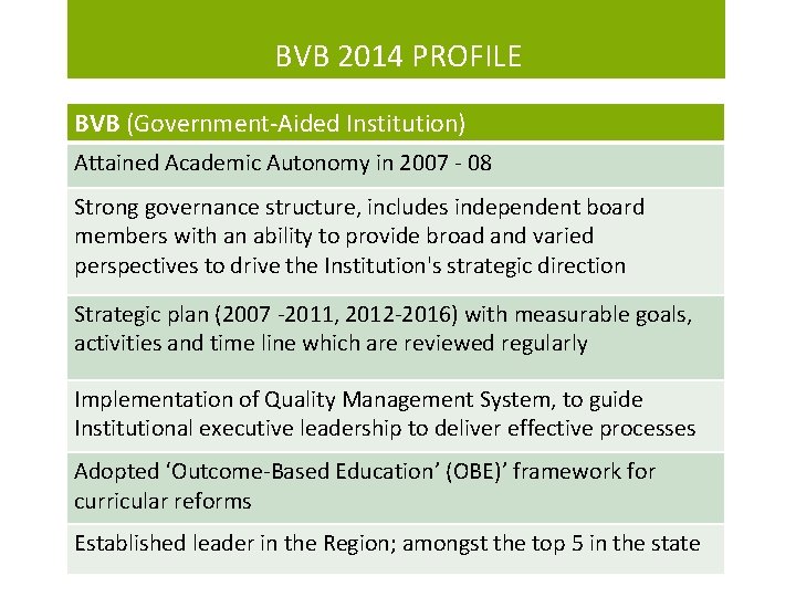 BVB 2014 PROFILE BVB (Government-Aided Institution) Attained Academic Autonomy in 2007 - 08 Strong