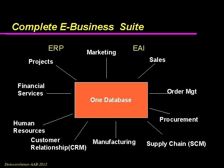 Complete E-Business Suite ERP Marketing EAI Sales Projects Financial Services Human Resources Customer Relationship(CRM) Complete E-Business Suite ERP Marketing EAI Sales Projects Financial Services Human Resources Customer Relationship(CRM)