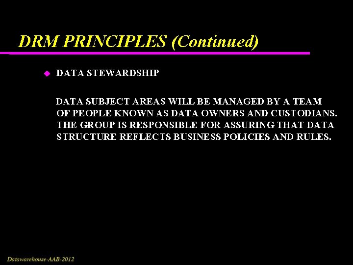 DRM PRINCIPLES (Continued) DATA STEWARDSHIP DATA SUBJECT AREAS WILL BE MANAGED BY A TEAM DRM PRINCIPLES (Continued) DATA STEWARDSHIP DATA SUBJECT AREAS WILL BE MANAGED BY A TEAM