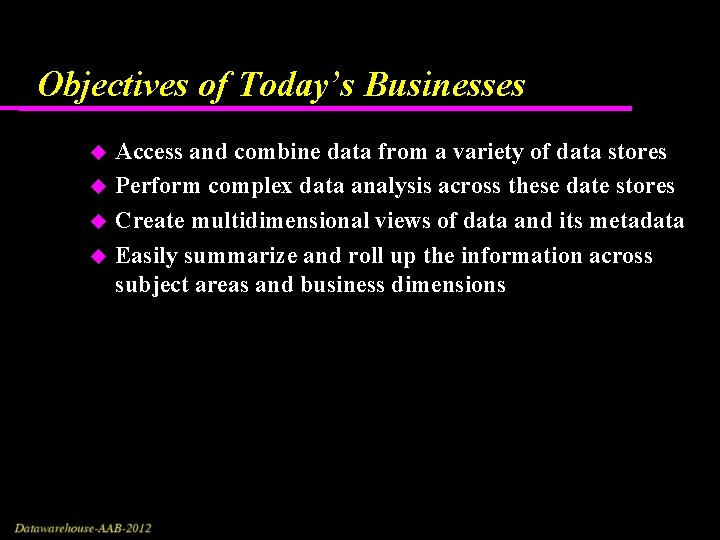 Objectives of Today’s Businesses Access and combine data from a variety of data stores Objectives of Today’s Businesses Access and combine data from a variety of data stores