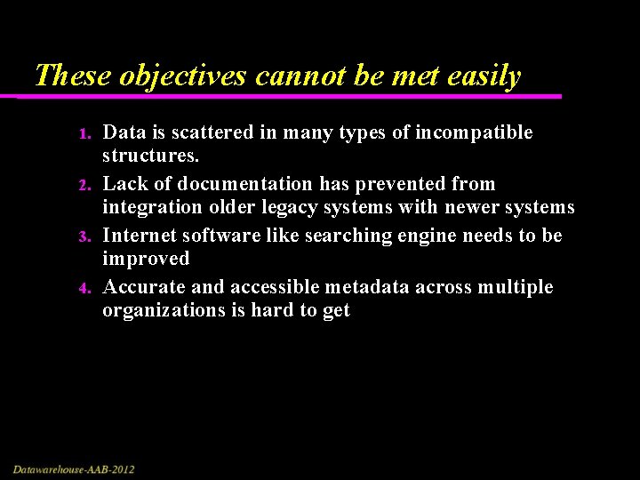 These objectives cannot be met easily 1. 2. 3. 4. Data is scattered in These objectives cannot be met easily 1. 2. 3. 4. Data is scattered in