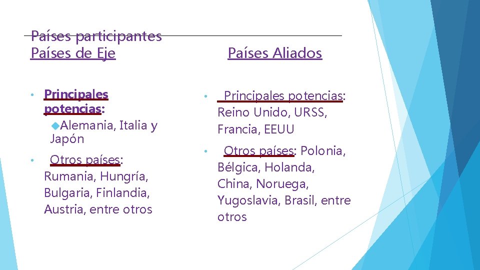 Países participantes Países de Eje • • Principales potencias: Alemania, Italia y Japón Otros