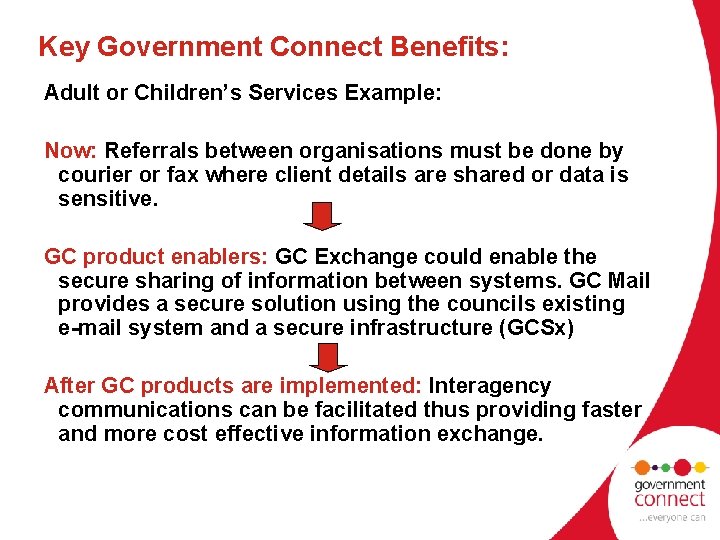 Key Government Connect Benefits: Adult or Children’s Services Example: Now: Referrals between organisations must