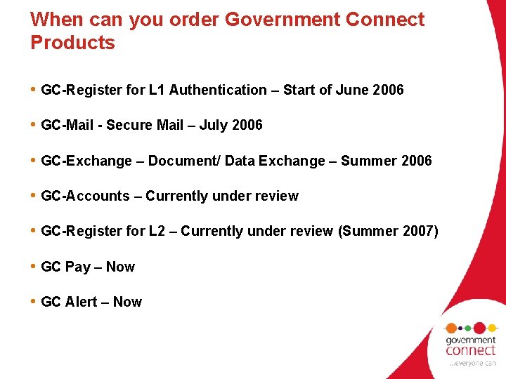 When can you order Government Connect Products • GC-Register for L 1 Authentication –