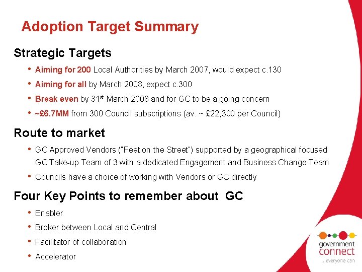 Adoption Target Summary Strategic Targets • • Aiming for 200 Local Authorities by March