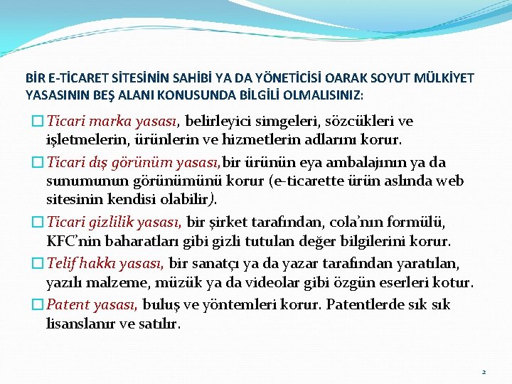 BİR E-TİCARET SİTESİNİN SAHİBİ YA DA YÖNETİCİSİ OARAK SOYUT MÜLKİYET YASASININ BEŞ ALANI KONUSUNDA