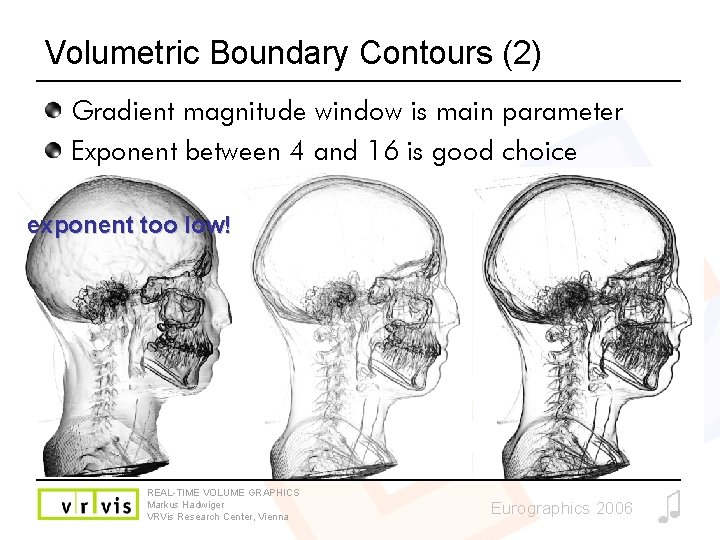 Volumetric Boundary Contours (2) Gradient magnitude window is main parameter Exponent between 4 and