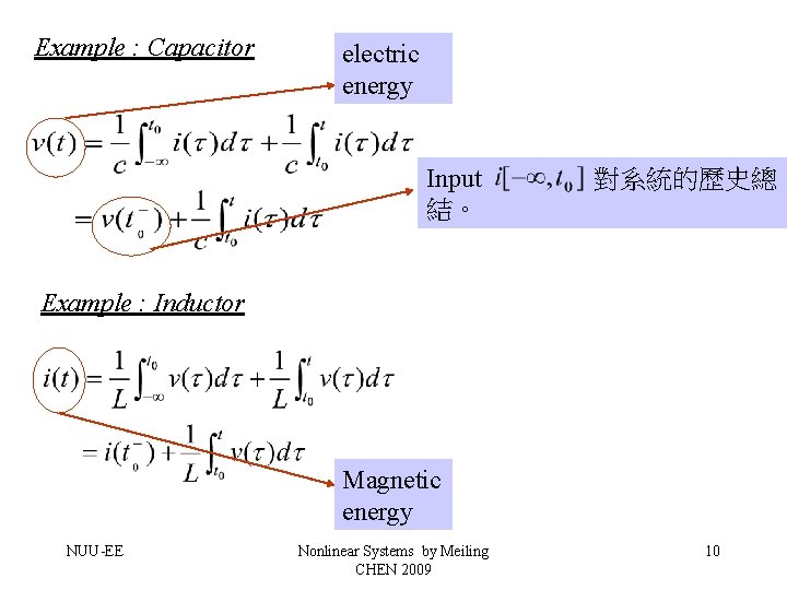 Example : Capacitor electric energy Input 結。 對系統的歷史總 Example : Inductor Magnetic energy NUU-EE