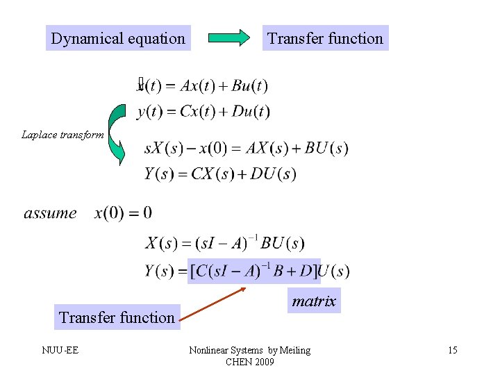 Dynamical equation Transfer function Laplace transform Transfer function NUU-EE matrix Nonlinear Systems by Meiling