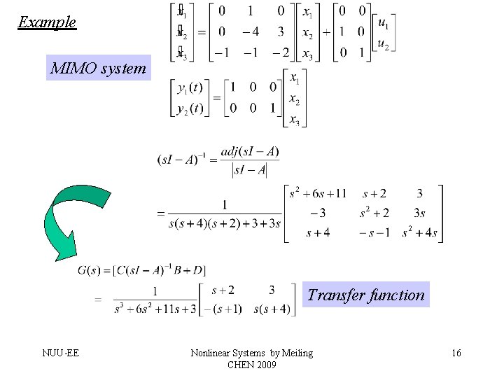 Example MIMO system Transfer function NUU-EE Nonlinear Systems by Meiling CHEN 2009 16 