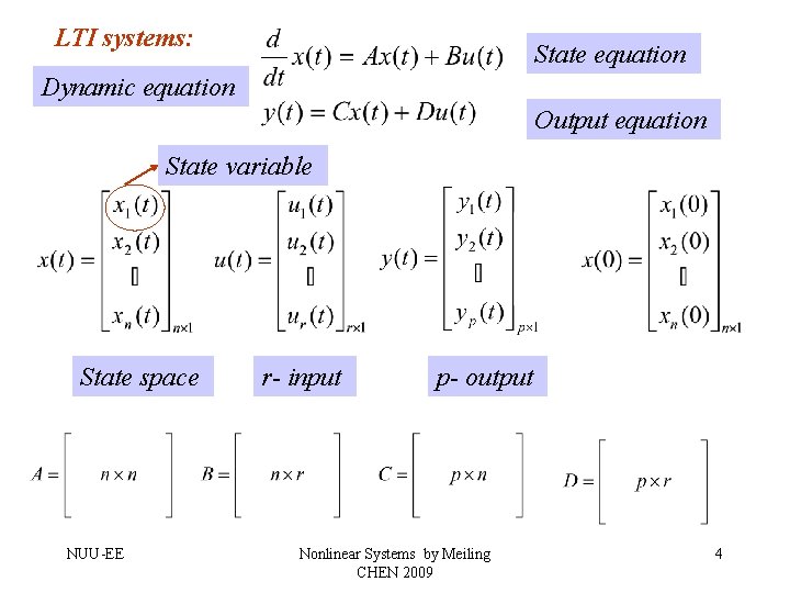 LTI systems: State equation Dynamic equation Output equation State variable State space NUU-EE r-