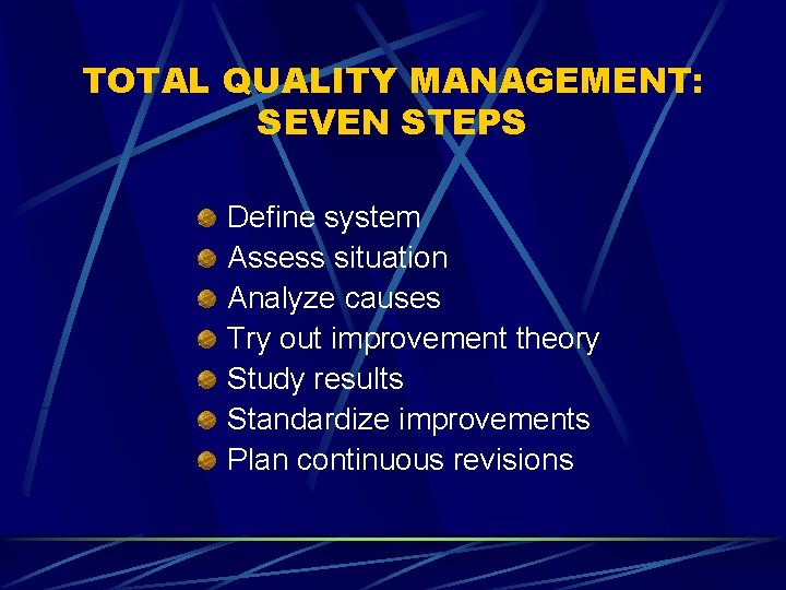 TOTAL QUALITY MANAGEMENT: SEVEN STEPS Define system Assess situation Analyze causes Try out improvement