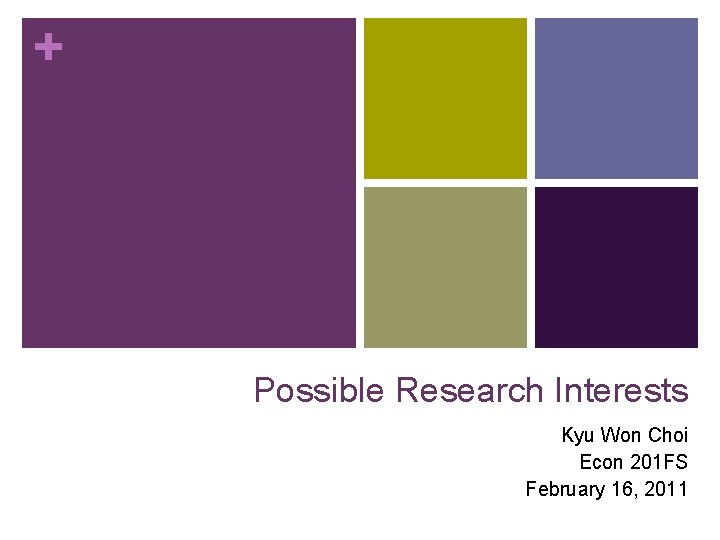 + Possible Research Interests Kyu Won Choi Econ 201 FS February 16, 2011 