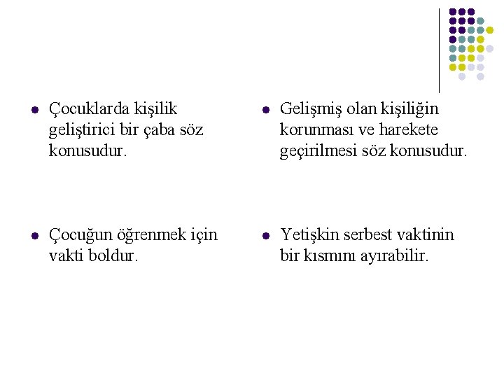 l Çocuklarda kişilik geliştirici bir çaba söz konusudur. l Gelişmiş olan kişiliğin korunması ve