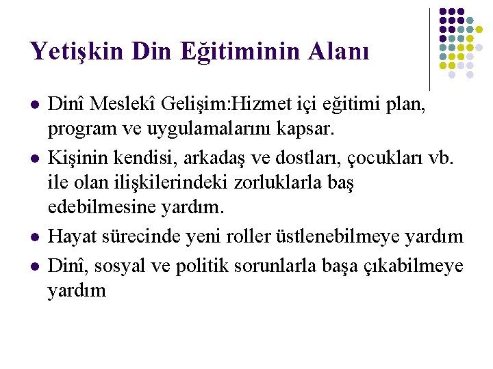 Yetişkin Din Eğitiminin Alanı l l Dinî Meslekî Gelişim: Hizmet içi eğitimi plan, program