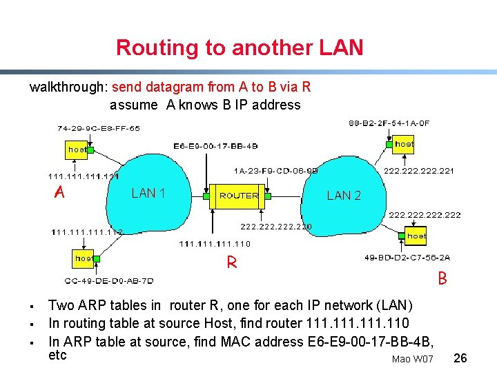 Routing to another LAN walkthrough: send datagram from A to B via R assume