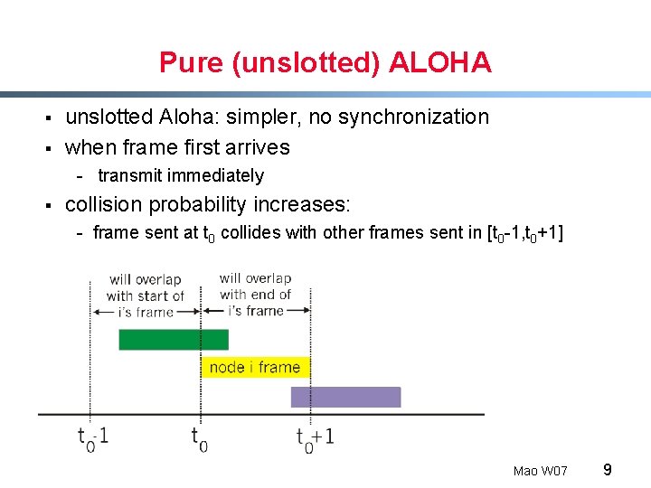 Pure (unslotted) ALOHA § § unslotted Aloha: simpler, no synchronization when frame first arrives