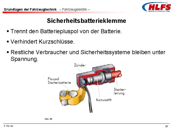 Grundlagen der Fahrzeugtechnik – Fahrzeugelektrik – Sicherheitsbatterieklemme § Trennt den Batteriepluspol von der Batterie.