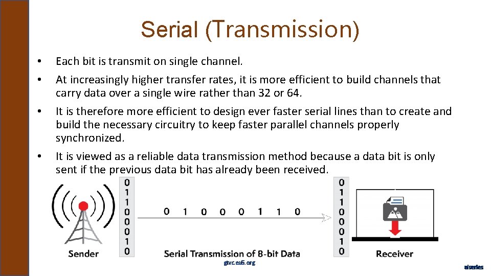 Serial (Transmission) • • Each bit is transmit on single channel. At increasingly higher