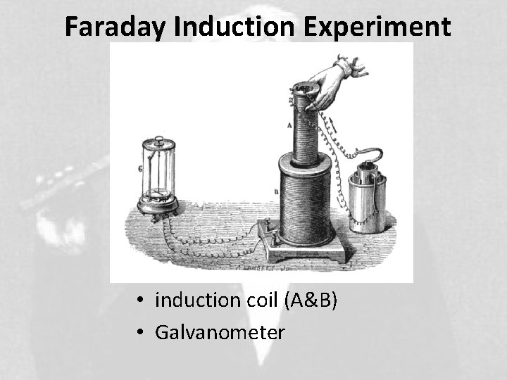 Faraday Induction Experiment • induction coil (A&B) • Galvanometer 