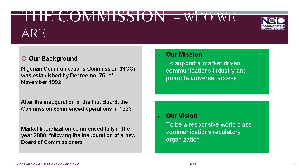THE COMMISSION – WHO WE ARE Our Background Ø Nigerian Communications Commission (NCC) was